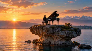 Dreizehnj&auml;hriger spielt Klavier auf dem Teufelstisch im Bodensee