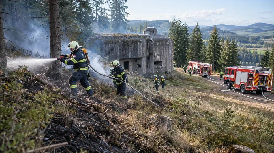 Hasiči nacvič&iacute; v Orlick&yacute;ch hor&aacute;ch z&aacute;sah proti rozs&aacute;hl&eacute;mu lesn&iacute;mu pož&aacute;ru